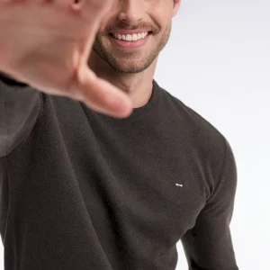 Pull col rond en laine et coton vert bouteille