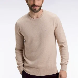 Pull col rond en laine et coton beige