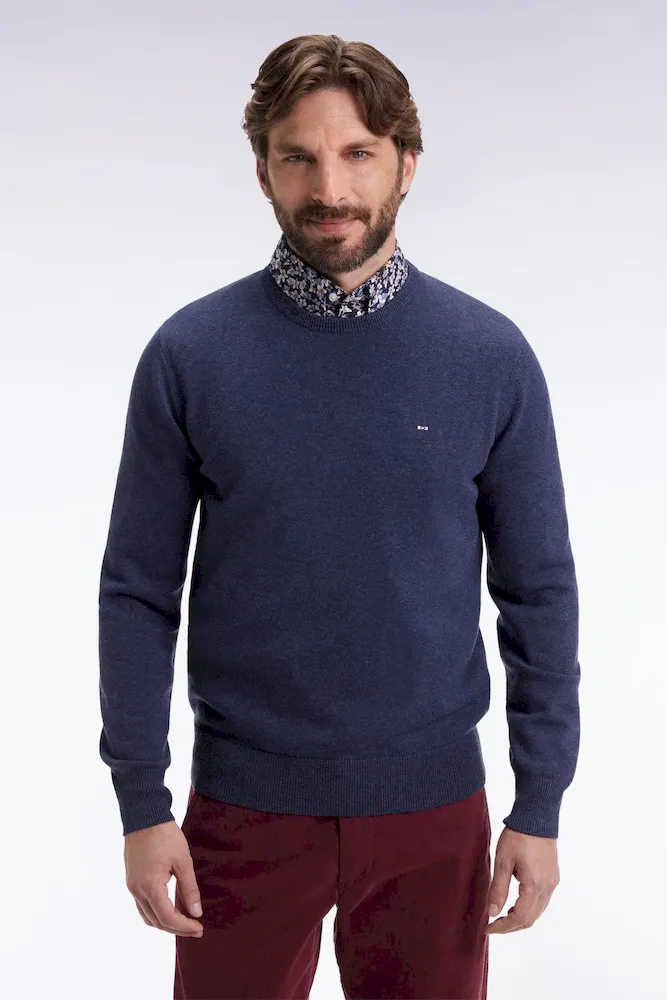 Pull col rond en laine et coton bleu foncé – Bild 3