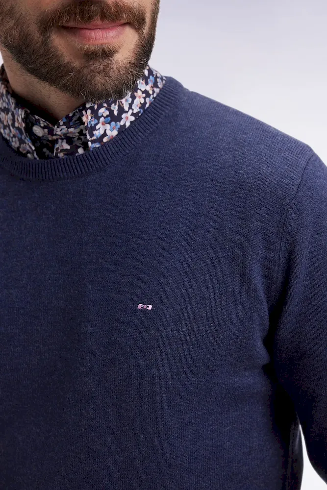Pull col rond en laine et coton bleu foncé – Bild 4