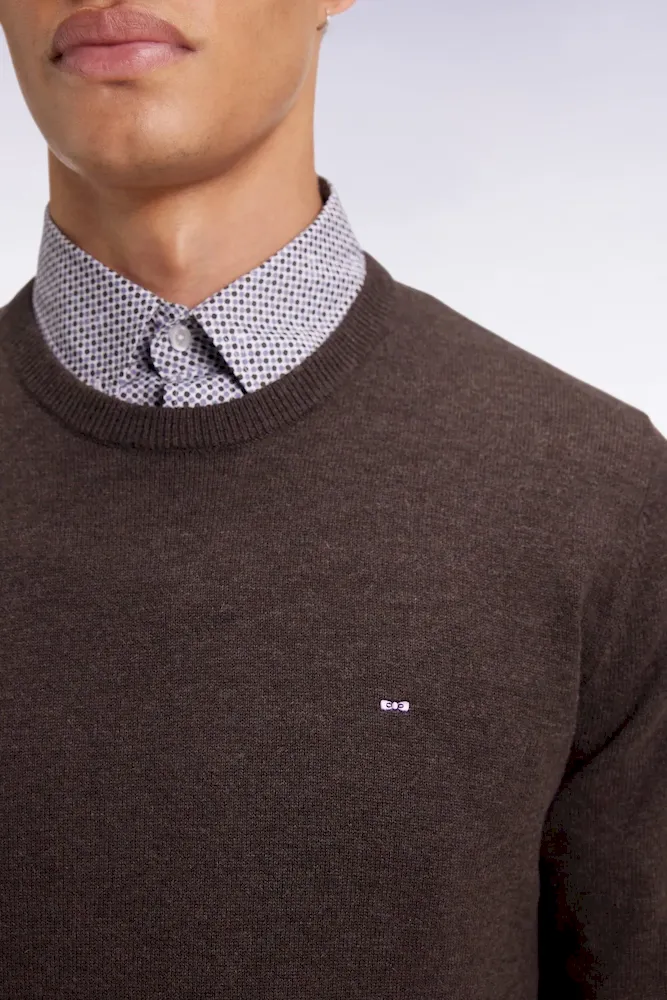 Pull col rond en laine et coton marron foncé – Bild 4