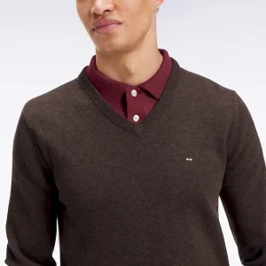 Pull col V en laine et coton marron foncé