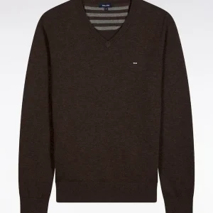 Alternative view of Pull col V en laine et coton marron foncé