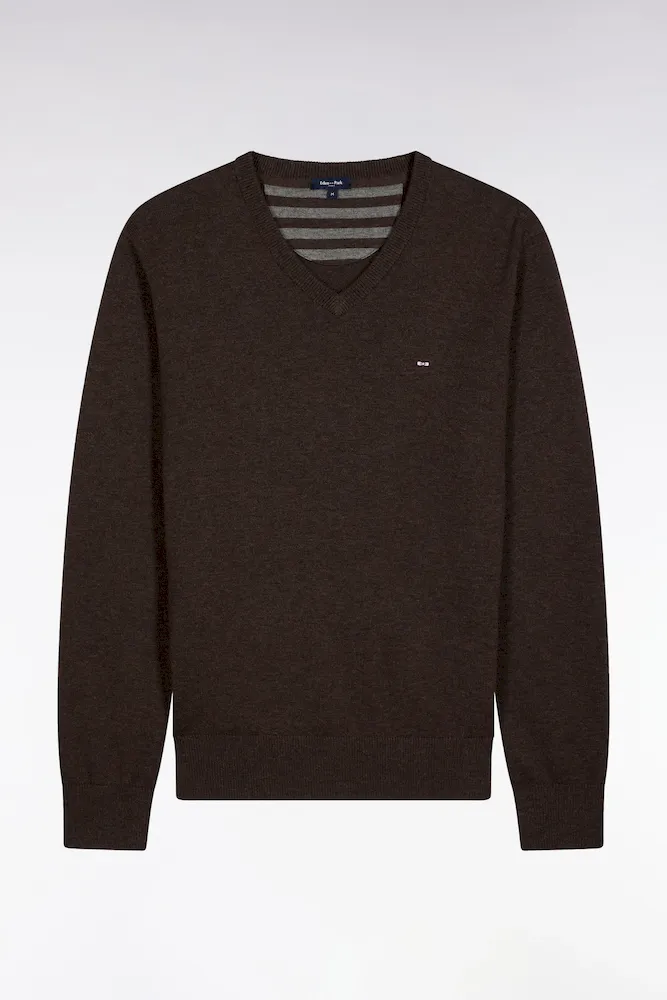 Pull Col V En Laine Et Coton Marron Foncé