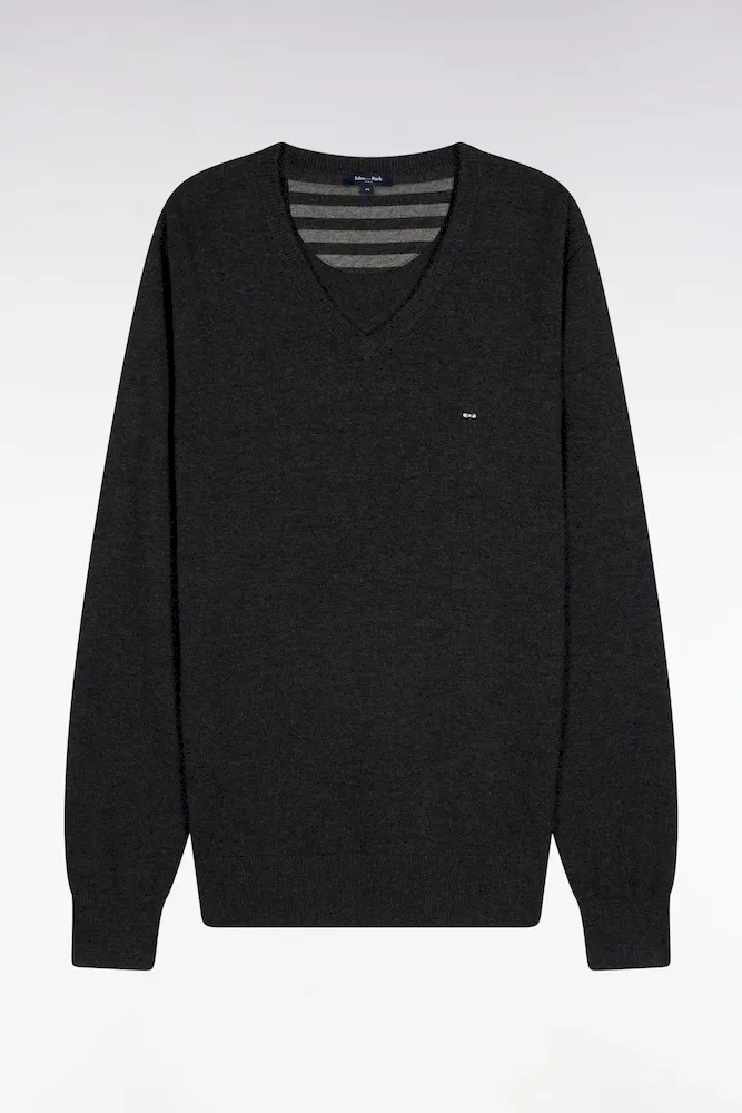 Pull Col V En Laine Et Coton Gris Foncé