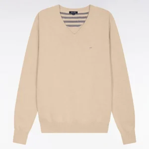 Pull col V en laine et coton camel