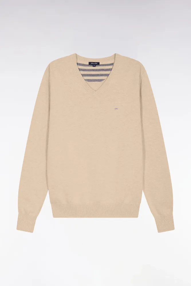 Pull Col V En Laine Et Coton Camel