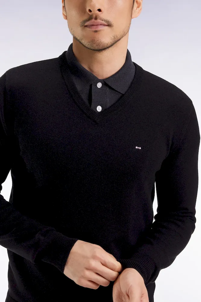 Pull col V en laine et coton noir – Bild 4