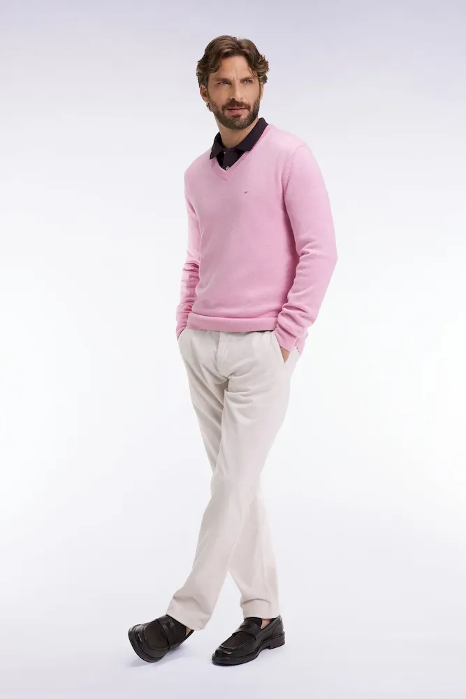 Pull col V en laine et coton rose