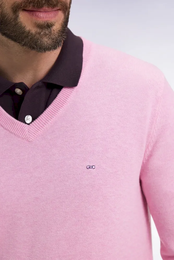 Pull col V en laine et coton rose – Bild 4