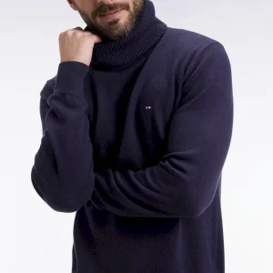 Pull col roulé en laine et coton marine
