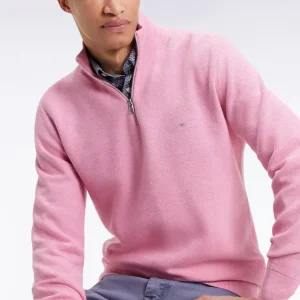 Pull col camionneur en coton nid d'abeille rose