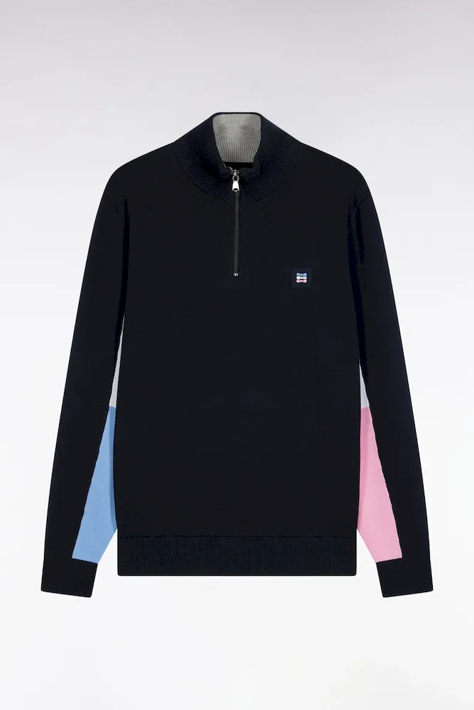 Pull Col Camionneur En Coton Noir à Manches Contrastées Tricolores