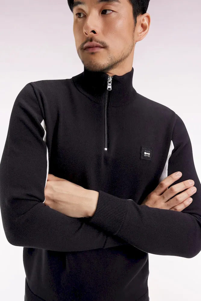 Pull col camionneur en coton noir à manches contrastées grises