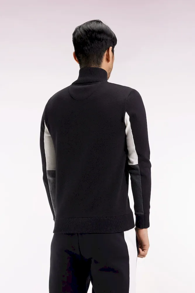 Pull col camionneur en coton noir à manches contrastées grises – Bild 5