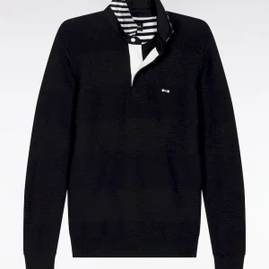 Alternative view of Pull col maillot en coton marine à effet de rayure