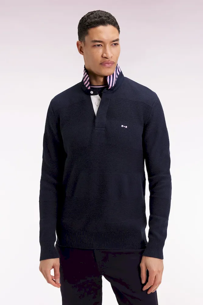 Pull col maillot en coton marine à effet de rayure – Bild 3