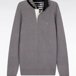 Alternative view of Pull col maillot en coton gris à effet de rayure