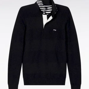 Alternative view of Pull col maillot en coton noir à effet de rayure