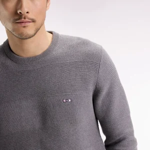 Pull col rond en coton gris à effet de rayure