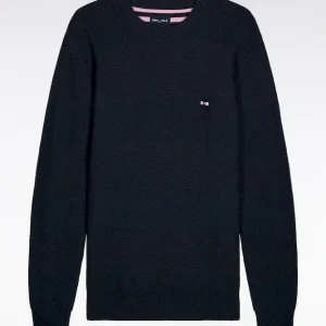 Alternative view of Pull col rond en coton marine à effet de rayure