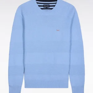 Alternative view of Pull col rond en coton ciel à effet de rayure