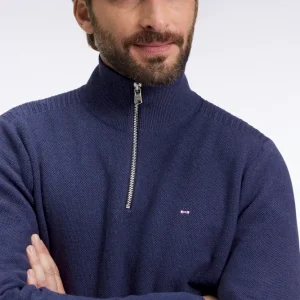 Pull col camionneur en coton nid d'abeille marine