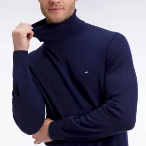 Pull col roulé en laine vierge et cachemire marine