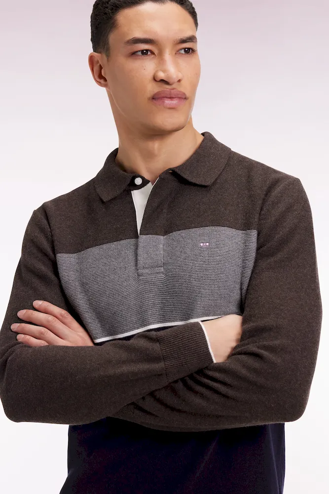 Pull col maillot en laine et coton marine marron et gris