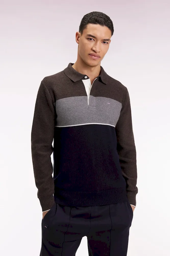 Pull col maillot en laine et coton marine marron et gris – Bild 3