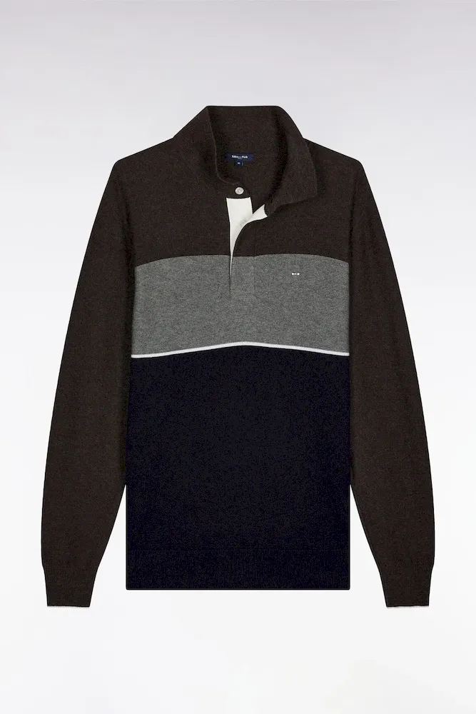Pull Col Maillot En Laine Et Coton Marine Marron Et Gris