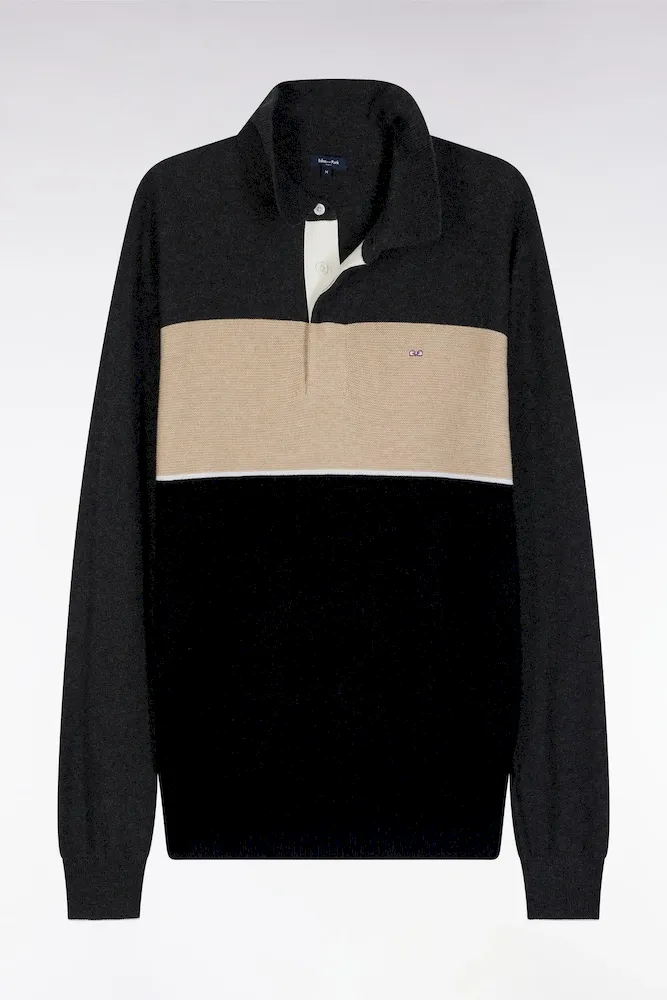 Pull Col Maillot En Laine Et Coton Noir Gris Et Beige