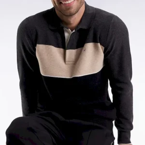 Pull col maillot en laine et coton noir gris et beige