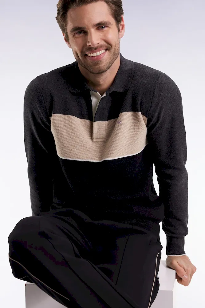 Pull col maillot en laine et coton noir gris et beige