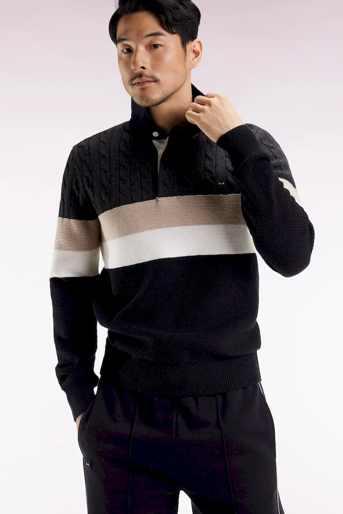 Pull col maillot en laine et coton torsadé noir et gris