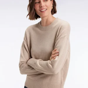 Pull à col rond en laine et coton beige coupe Relaxed