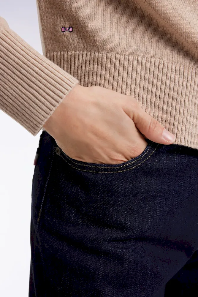 Pull à col rond en laine et coton beige coupe Relaxed – Bild 4