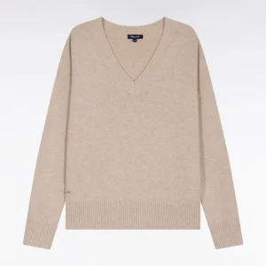 Alternative view of Pull à col V en laine et coton beige coupe Relaxed