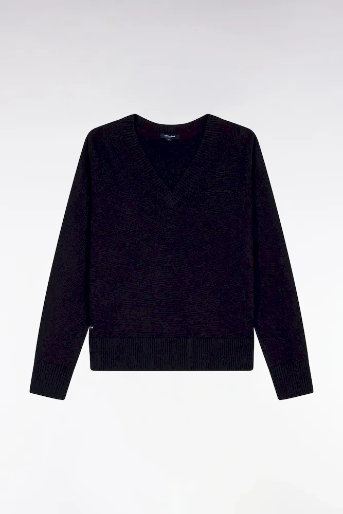 Pull à Col V En Laine Et Coton Marine Coupe Relaxed