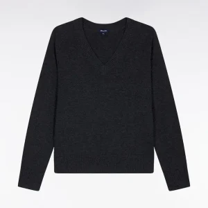 Alternative view of Pull à col V en laine et coton gris coupe Relaxed