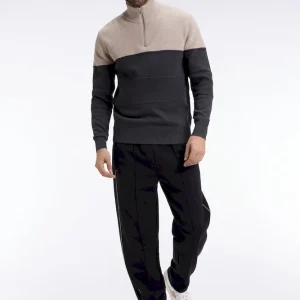 Pull col camionneur en coton gris à effet de rayure