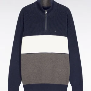 Alternative view of Pull col camionneur en coton marron et marine à effet de rayure