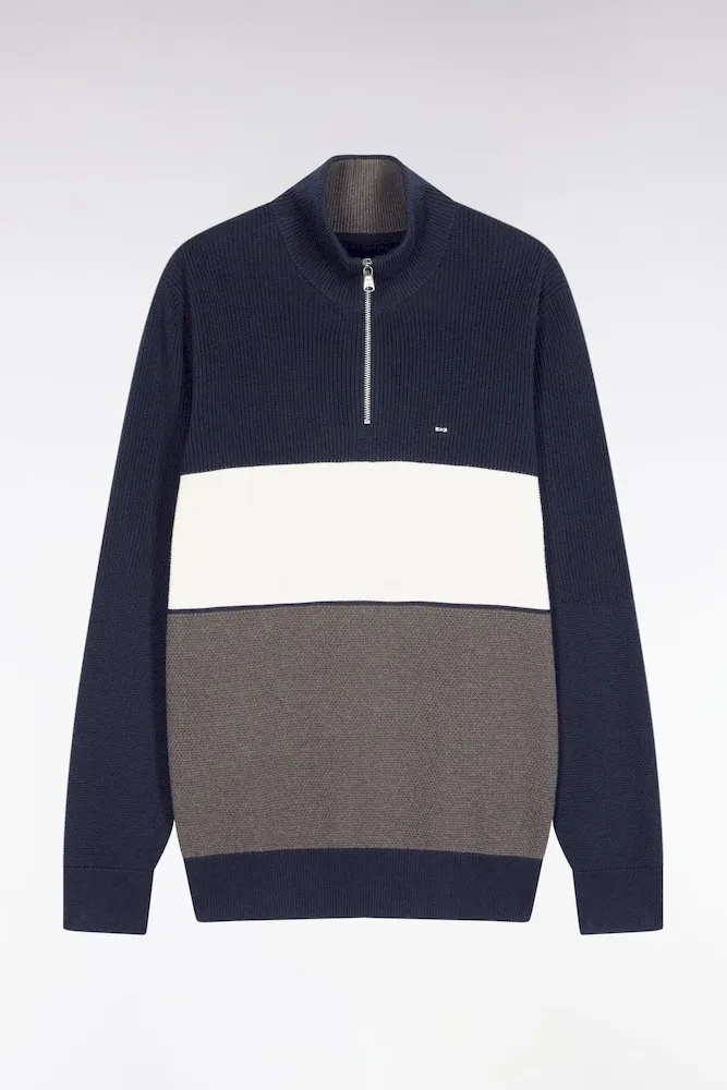 Pull Col Camionneur En Coton Marron Et Marine à Effet De Rayure