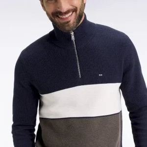 Pull col camionneur en coton marron et marine à effet de rayure