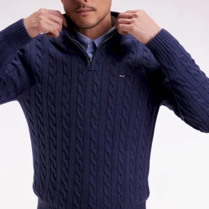 Pull col camionneur en coton torsadé marine