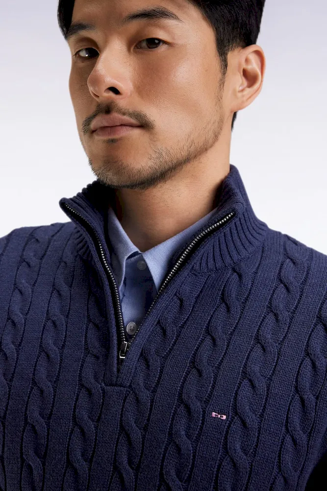 Pull col camionneur en coton torsadé marine – Bild 4