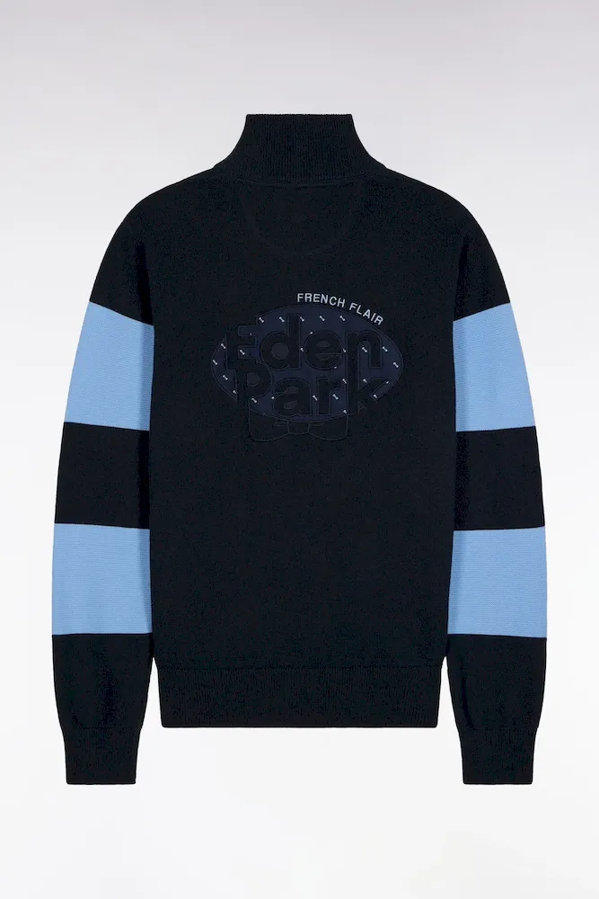 Pull Col Camionneur En Coton Marine Et Ciel Broderie Dos