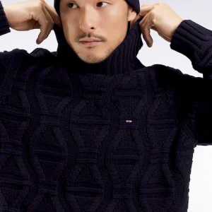 Pull épais à col roulé en laine et coton marine