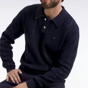 Pull à col polo bleu en coton marine