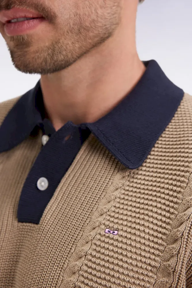 Pull à col polo bleu en coton beige – Bild 4